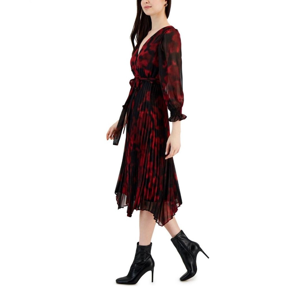Red and Black Pleated Midi Wrap Dress - Picture 3 of 4